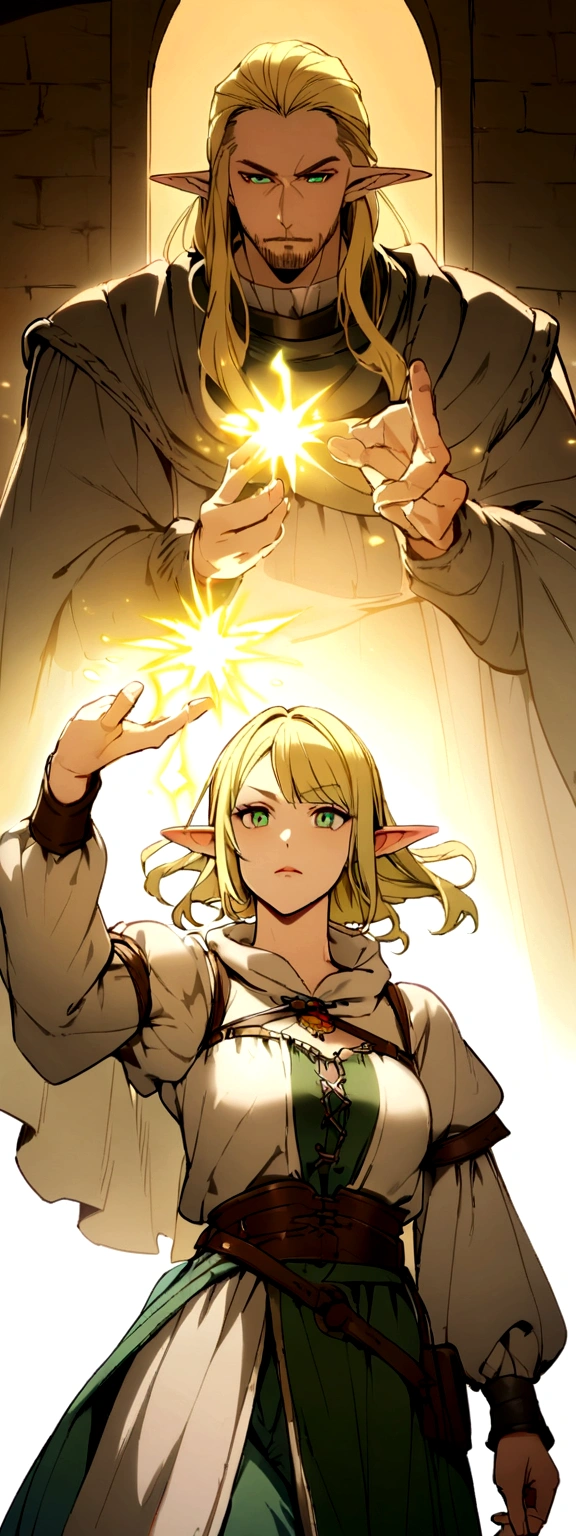 adult man, hair blonde, shorth hair, greeneyes, medieval clothing, elf ears, using magic