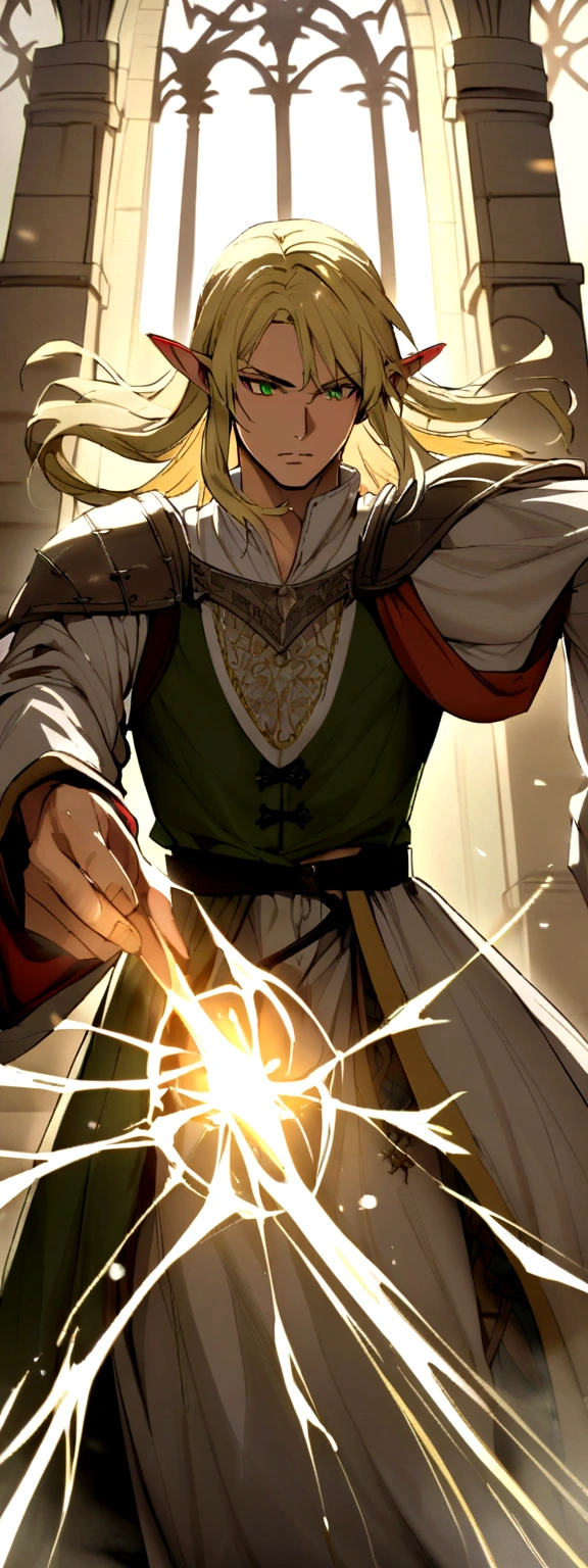 adult man, hair blonde, shorth hair, greeneyes, medieval clothing, elf ears, using magic