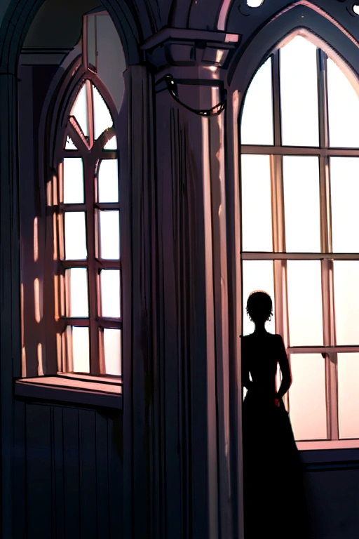 Outside of a creepy mansion. One of the windows can see a shadow of a woman standing looks so creepy.