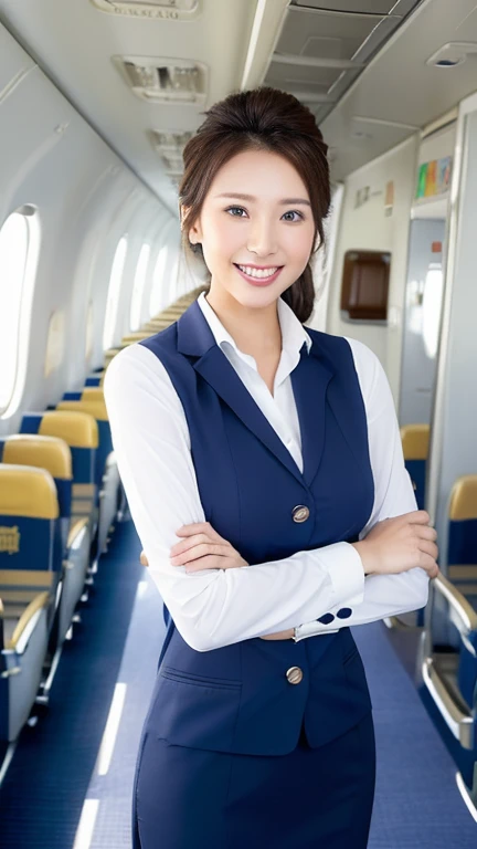 ((top-quality、masutepiece、8K、Top image quality、Hyper-Realism))、((1 female stewardess、walk gracefully down the aisle、cowboy shot、Take a photo of her from the waist up))、((The background is the first class aisle of an airplane.、Christmas decorations on board、Christmas illuminations on board))、((perfect stewardess uniform))、(Exposing the forehead、Chignon)、large full breasts、The Biggest Smile、white big teeth、Perfect makeup、long eyelashes、View me、smile your best smile、perfect anatomia、Bright lighting, hyper realistic, photoreal, wearing a professional and fashionable stewardess dress mix business suit such as for Oscars Award