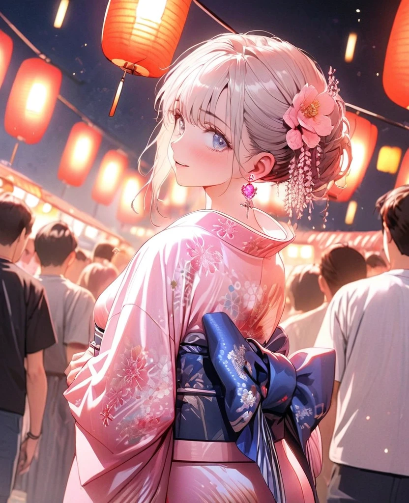 8K,gal,an extremely delicate and beautiful,Beautiful and realistic skin,Shiny jewel-like earrings,pink glowing tattoo,Long silver hair,blue eyes,whole body,Sparkly beautiful yukata,Summer festival,night,Beautiful glowing fireworks