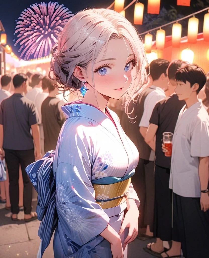 8K,gal,an extremely delicate and beautiful,Beautiful and realistic skin,Shiny jewel-like earrings,pink glowing tattoo,Long silver hair,blue eyes,whole body,Sparkly beautiful yukata,Summer festival,night,Beautiful glowing fireworks