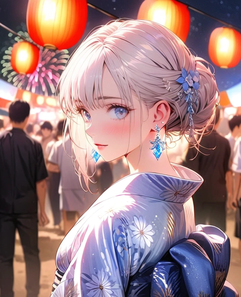 8K,gal，an extremely delicate and beautiful,Beautiful and realistic skin,Shiny jewel-like earrings,pink glowing tattoo,Long silver hair,blue eyes,whole body,Sparkly beautiful  yukata,Summer festival,night,Beautiful glowing fireworks