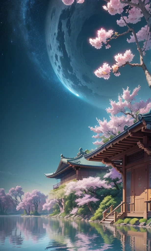 Masterpiece, best quality, (very detailed CG unified 8k wallpaper) (best quality), (best illustration), (best shadow) Vivid colors, jungle, water, natural beauty, oasis of tranquility, cherry blossom trees, blue sky Ray tracing, super detailed --v6, ancient porcelain, jade, starry sky,