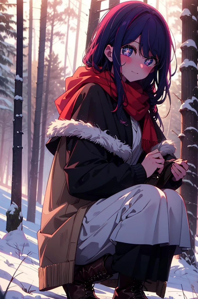 aihoshino, Ai Hoshino, Long Hair, bangs, (Purple eyes:1.1), Purple Hair, (Symbol-shaped pupil:1.5), smile,,smile,blush,White Breath,
Open your mouth,snow,Ground bonfire, Outdoor, boots, snowing, From the side, wood, suitcase, Cape, Blurred, , forest, White handbag, nature, Squat, Mouth closed, Cape, winter, Written boundary depth, Black shoes, red Cape break looking at viewer, Upper Body, whole body, break Outdoor, forest, nature, break (masterpiece:1.2), Highest quality, High resolution, unity 8k wallpaper, (shape:0.8), (Beautiful and beautiful eyes:1.6), Highly detailed face, Perfect lighting, Extremely detailed CG, (Perfect hands, Perfect Anatomy),
