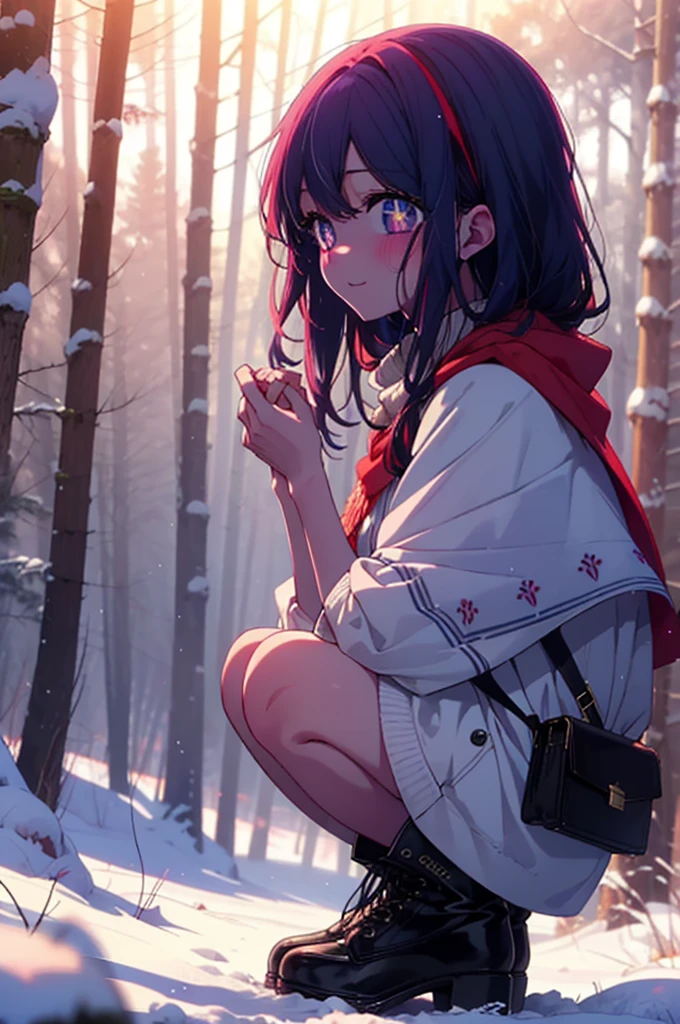 aihoshino, Ai Hoshino, Long Hair, bangs, (Purple eyes:1.1), Purple Hair, (Symbol-shaped pupil:1.5), smile,,smile,blush,White Breath,
Open your mouth,snow,Ground bonfire, Outdoor, boots, snowing, From the side, wood, suitcase, Cape, Blurred, , forest, White handbag, nature, Squat, Mouth closed, Cape, winter, Written boundary depth, Black shoes, red Cape break looking at viewer, Upper Body, whole body, break Outdoor, forest, nature, break (masterpiece:1.2), Highest quality, High resolution, unity 8k wallpaper, (shape:0.8), (Beautiful and beautiful eyes:1.6), Highly detailed face, Perfect lighting, Extremely detailed CG, (Perfect hands, Perfect Anatomy),
