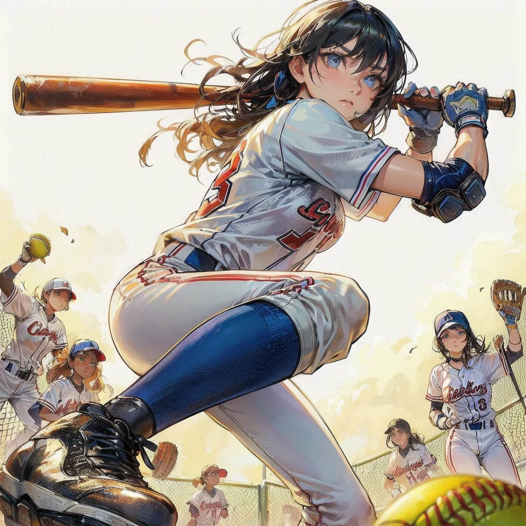 masterpiece, (textured skin), best quality, gorgeous beautiful girl, (a female softball athlete), detailed clothes,large breasts,narrow waist,, (beautiful face), cinematic lighting, (at softball venue ),