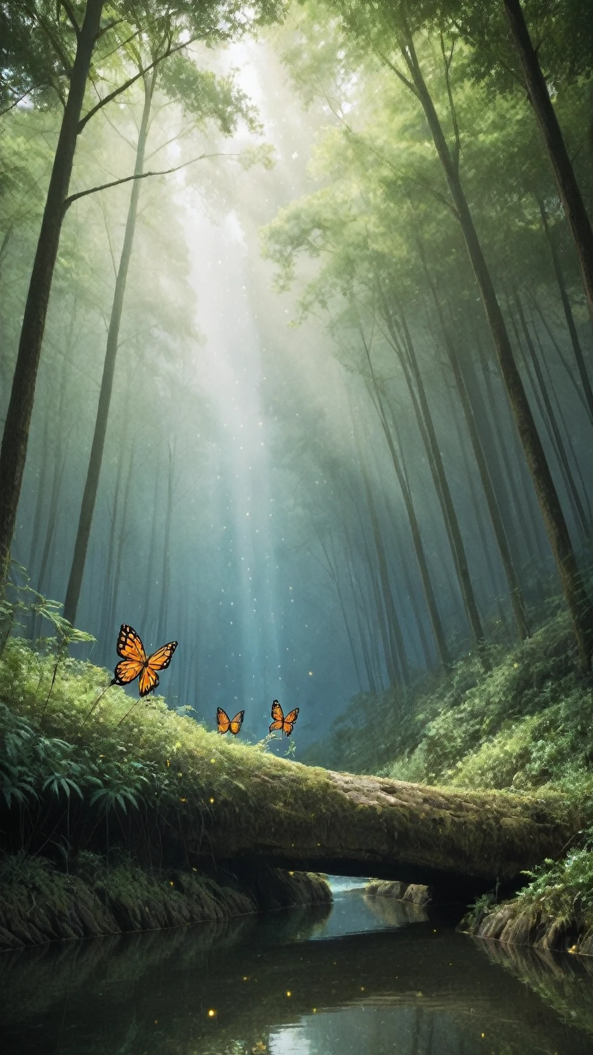 realistic,score_9, score_8_up, score_7_up, BREAK,
 a forest theme with natural elements. The scene is set in a lush jungle, with tall trees towering above and a quiet stream meandering through the undergrowth. Surrounding the stream are small glowing mushrooms, their light softly illuminating the delicate leaves and branches.
The natural elements are brought to life with the addition of fireflies and glowing particles, creating a magical and serene atmosphere. Butterflies flutter around, adding a sense of liveliness to the scene. The leaves and branches are rendered with exquisite detail, showcasing the artist's skill in capturing the essence of nature.
The artwork is presented in an isometric 3D perspective, with the use of Octane rendering and ray tracing techniques that enhance the realism of the scene. The reflections on the water, the shimmering of the fireflies, and the glow of the particles are all exceptionally detailed, making this wallpaper one of the best reflections ever created.
This illustration is a testament to the artist's ability to blend realism with fantasy, creating a visually captivating and immersive experience that transports the viewer into a world of natural beauty and wonder.