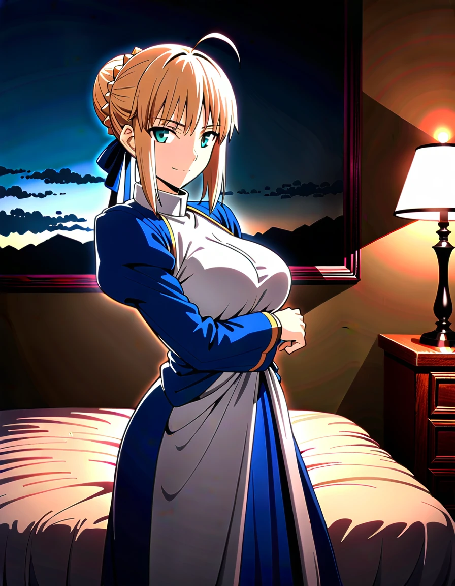 best quality, amazing quality, very aesthetic, 1girl, saber, fate/stay night, 1girl, saber, fate/stay night, , (artist official art:1.5), french braid bun hair, ahoge_hair, green eyes, steaming body, large breasts, jitome, cinematic light, official_blue_long_sleeve_royal_dress, stand_up_straight, arms_behind, on the bedroom, happy, smile, blush, night, looking_at_viewer, oily_skin, cool