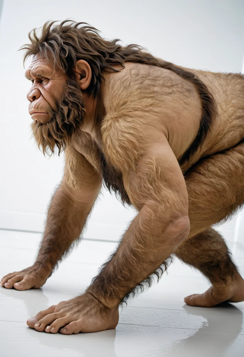 A very overweight, naked and hairy Neanderthal crawls sideways through a white room. The Neanderthal is seen from the side and the head and feet are fully depicted. It looks very realistic.