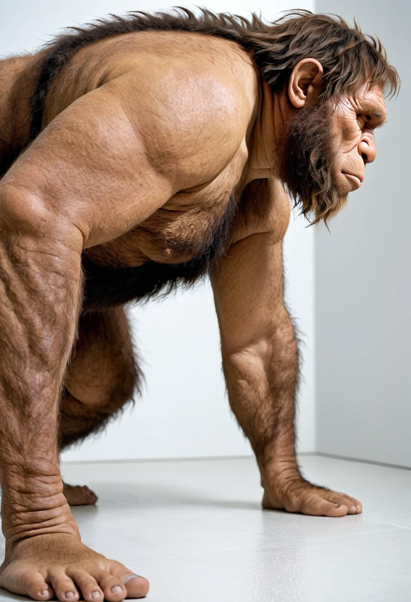 A very overweight, naked and hairy Neanderthal crawls sideways through a white room. The Neanderthal is seen from the side and the head and feet are fully depicted. It looks very realistic.