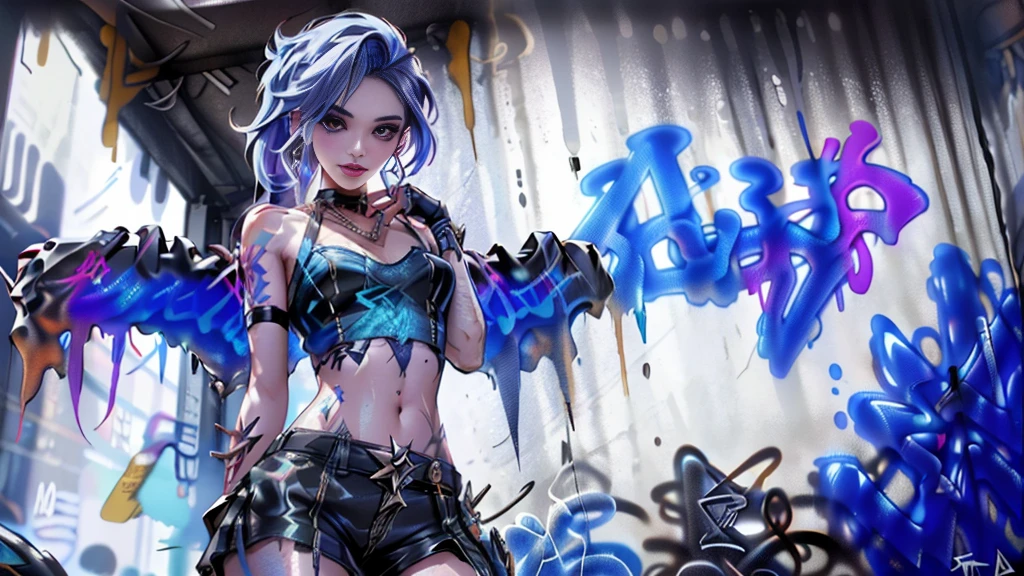 work of art, best qualityer, 1 girl, standing alone, Top cropped com top cropped, Shorts jeans, necklase, (graffit:1.5), ink spatter, Arms to cheeks, against the wall, Looking at the audience, clamps, thigh straps, blackstockings, paint on the body, tilt your head, tedious, cabelo roxo, water eyes, earbuds,