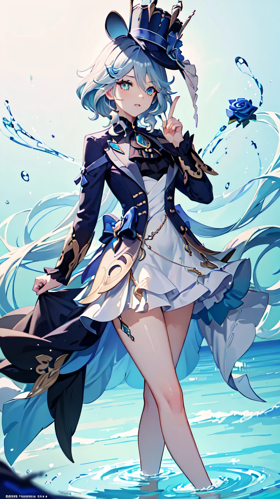 (White skirt),(((Wearing a small black hat)))Forrina, Surrealism, 8K, Super Detail, Hydraulic Archon, permanent, Naughty face, smug, beautiful eyes, masterpiece, high resolution, 8K, Anime woman, The writing is delicate and meticulous 、Detailed digital illustration、(((Genshin Impact))、Shiny hair、A very beautiful woman、High image quality, high quality、Detailed background、The inside of the eye sparkles like a diamond、(((Blue Hair)))、(((Scan your fringe)))、Gradient pupil、(((2 arms、4 fingers, 1 thumb)))、Detailed female face、A very beautiful woman、、Detailed background、masterpiece、Soft Focus , Bright gradient watercolor , lens flare , (((flash))) , glow , excellent ,、((Very beautiful light blue rose hair accessories)), Swimsuit,Beach Background,Standing in water swimming