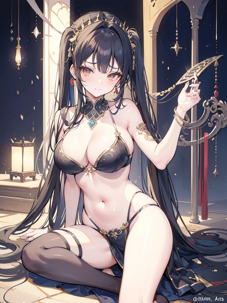 Tavern dancer, wide hips, thick thighs, slim, fit and toned, medium breast, revealing dress, harem dancer, pelvic veil, string panty, huge cleavage, string bra, jewelry, long black hair, 2 twin tail, straight hair, brown eyes, naughty face, seductive smirk, 2 twin tails hairstyle/ pigtail hairstyle, solo, 1girl , belly dancer, medieval dress, arabic style, Indian style, (mature face) , seductive smile, smirk, seductive face
