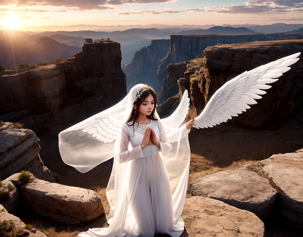 make a beautiful girl in white with transparent clothes almost like an angel praying with an incredible landscape in the background and the sun rising to inspire people
