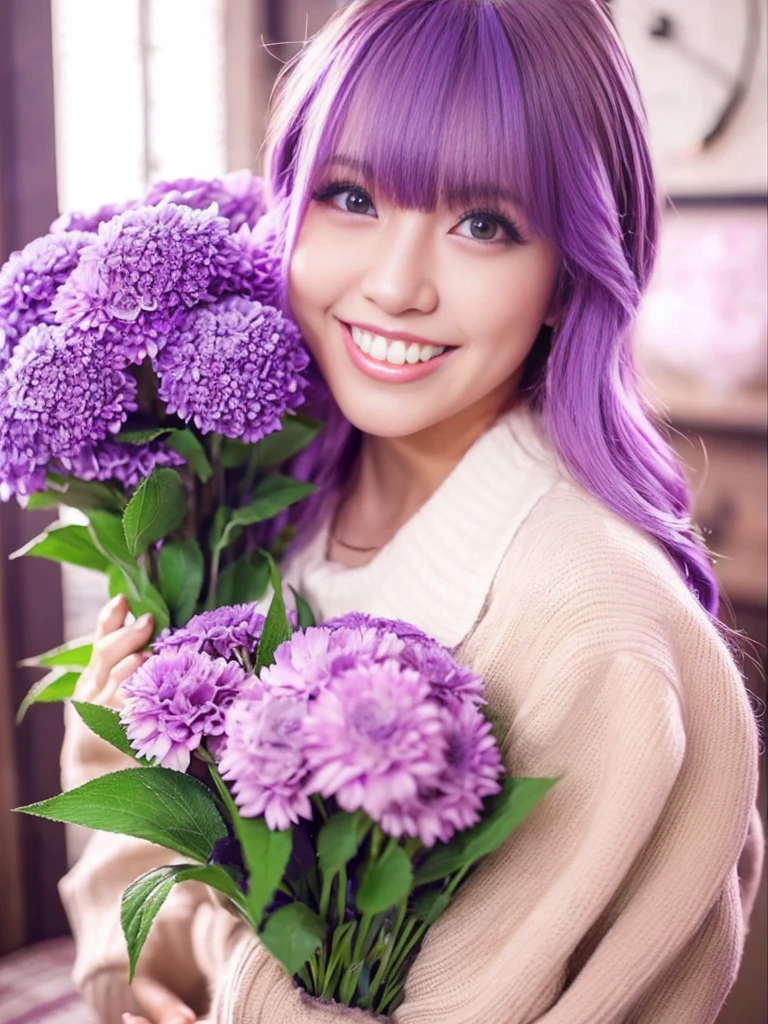 A super sexy and super cute Japanese girl with purple hair is smiling and holding a bouquet of flowers in her hands、Super big