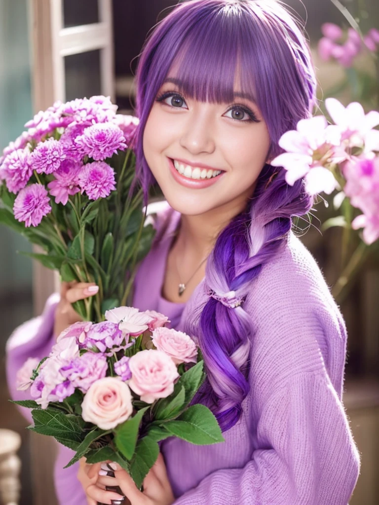 A super sexy and super cute Japanese girl with purple hair is smiling and holding a bouquet of flowers in her hands、Super big