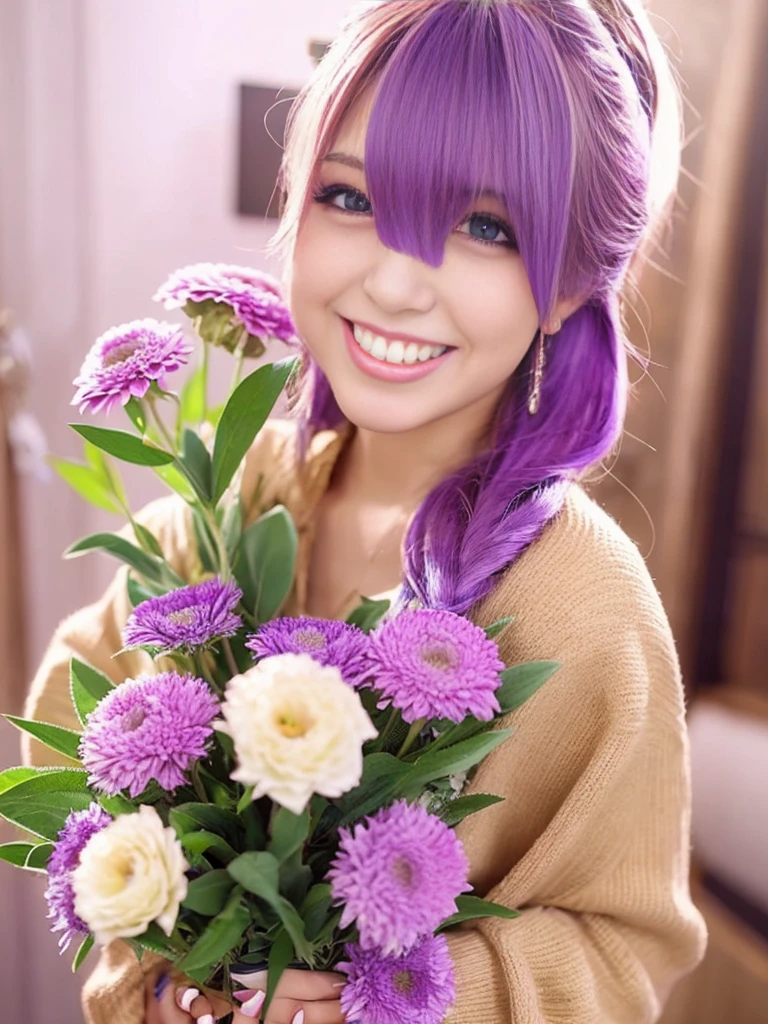 A super sexy and super cute Japanese girl with purple hair is smiling and holding a bouquet of flowers in her hands、Super big