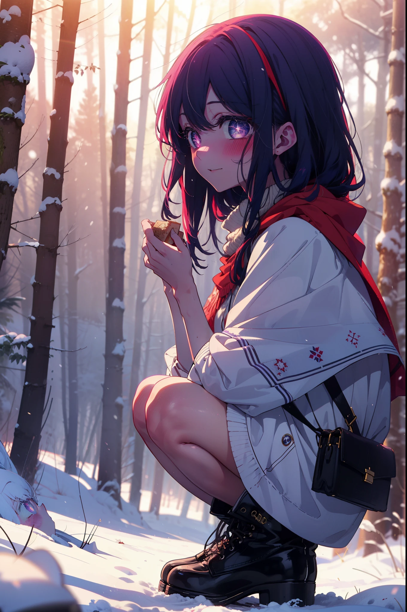 aihoshino, Ai Hoshino, Long Hair, bangs, (Purple eyes:1.1), Purple Hair, (Symbol-shaped pupil:1.5), smile,,smile,blush,White Breath,
Open your mouth,snow,Ground bonfire, Outdoor, boots, snowing, From the side, wood, suitcase, Cape, Blurred, , forest, White handbag, nature,  Squat, Mouth closed, Cape, winter, Written boundary depth, Black shoes, red Cape break looking at viewer, Upper Body, whole body, break Outdoor, forest, nature, break (masterpiece:1.2), Highest quality, High resolution, unity 8k wallpaper, (shape:0.8), (Beautiful and beautiful eyes:1.6), Highly detailed face, Perfect lighting, Extremely detailed CG, (Perfect hands, Perfect Anatomy),