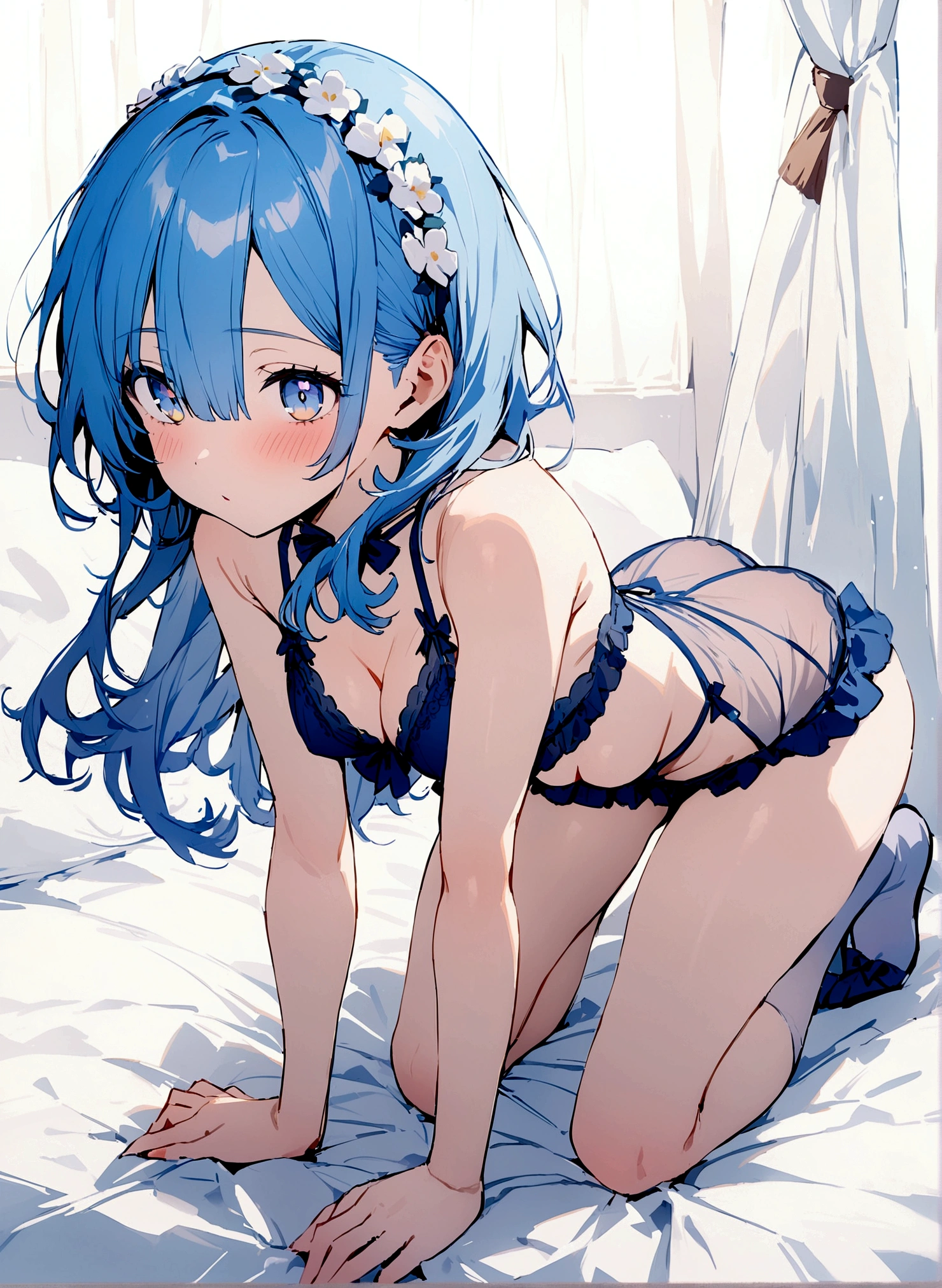 masterpiece, Highest quality, Rem, One girl, lingerie,Beautiful eyes,Blue Hair,whole body