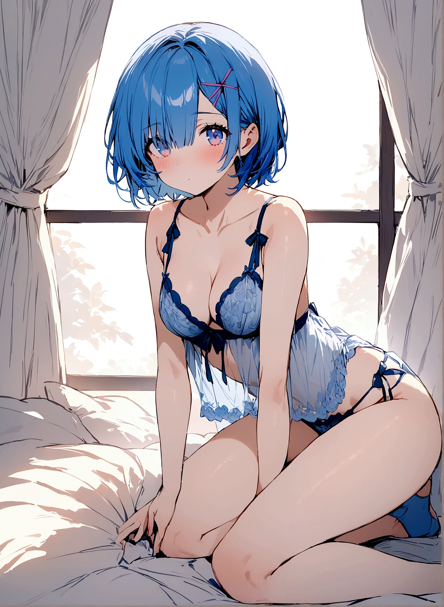 masterpiece, Highest quality, Rem, One girl, lingerie,Beautiful eyes,Blue Hair,whole body