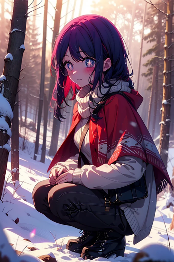 aihoshino, Ai Hoshino, Long Hair, bangs, (Purple eyes:1.1), Purple Hair, (Symbol-shaped pupil:1.5), smile,,smile,blush,White Breath,
Open your mouth,snow,Ground bonfire, Outdoor, boots, snowing, From the side, wood, suitcase, Cape, Blurred, , forest, White handbag, nature, Squat, Mouth closed, Cape, winter, Written boundary depth, Black shoes, red Cape break looking at viewer, Upper Body, whole body, break Outdoor, forest, nature, break (masterpiece:1.2), Highest quality, High resolution, unity 8k wallpaper, (shape:0.8), (Beautiful and beautiful eyes:1.6), Highly detailed face, Perfect lighting, Extremely detailed CG, (Perfect hands, Perfect Anatomy),
