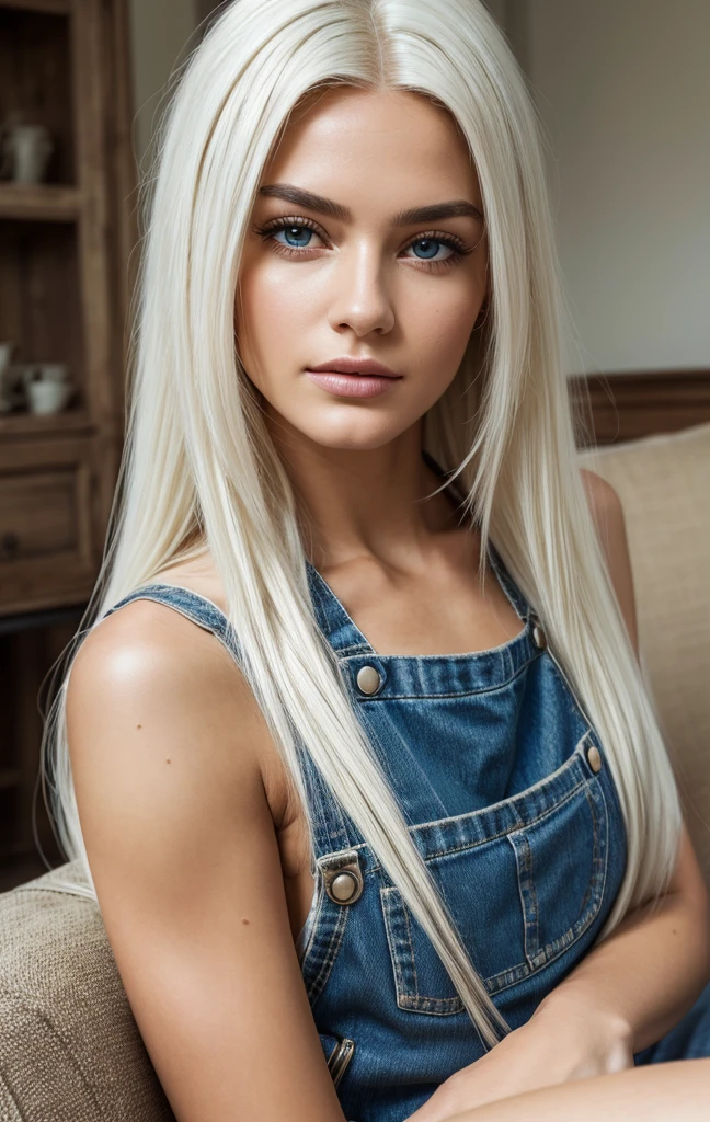 +Masterpiece, best quality, super detailed, a , beautiful face, rich details, (long white hair), perfect face, overalls, sitting, close-up, shabby sofa