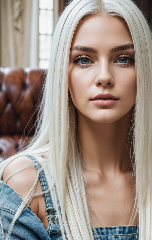 +Masterpiece, best quality, super detailed, a , beautiful face, rich details, (long white hair), perfect face, overalls, sitting, close-up, shabby sofa