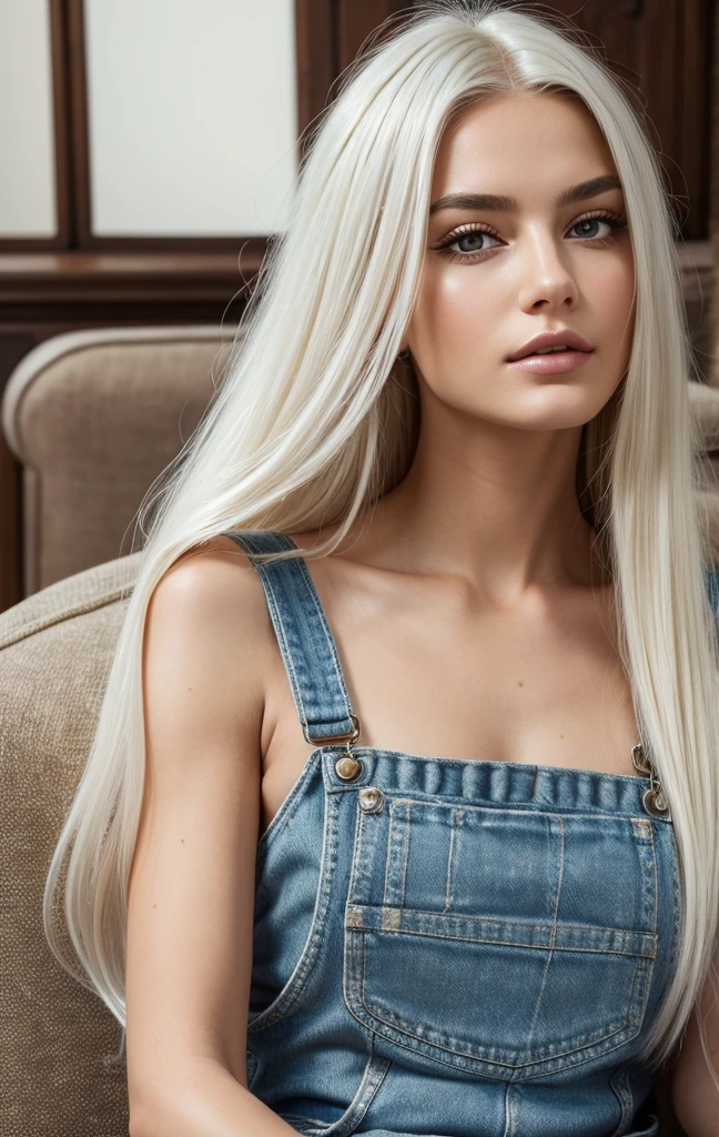 +Masterpiece, best quality, super detailed, a , beautiful face, rich details, (long white hair), perfect face, overalls, sitting, close-up, shabby sofa