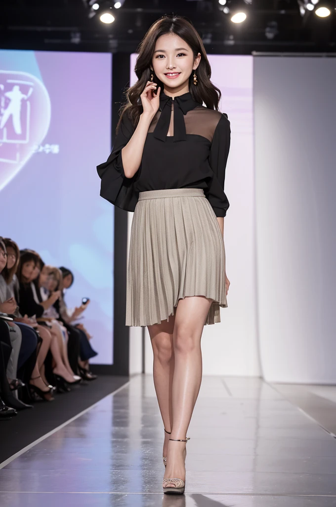 A skirt with fine pleats and a variety of patterns and colors sways gracefully.、Sheer blouse、Walking towards me on the runway at a fashion show、The eyes are round and large.、A woman with a cute smile that shows her white teeth, a large bust, a small waist, and a slender figure.、White skin、Japanese woman with long wavy hair、A cute round-faced 20-year-old girl、Slim figure、Wearing high heels、A bright, photographic-quality image showing your entire body, from your high heels to your head、Walking towards me on the runway at a fashion show