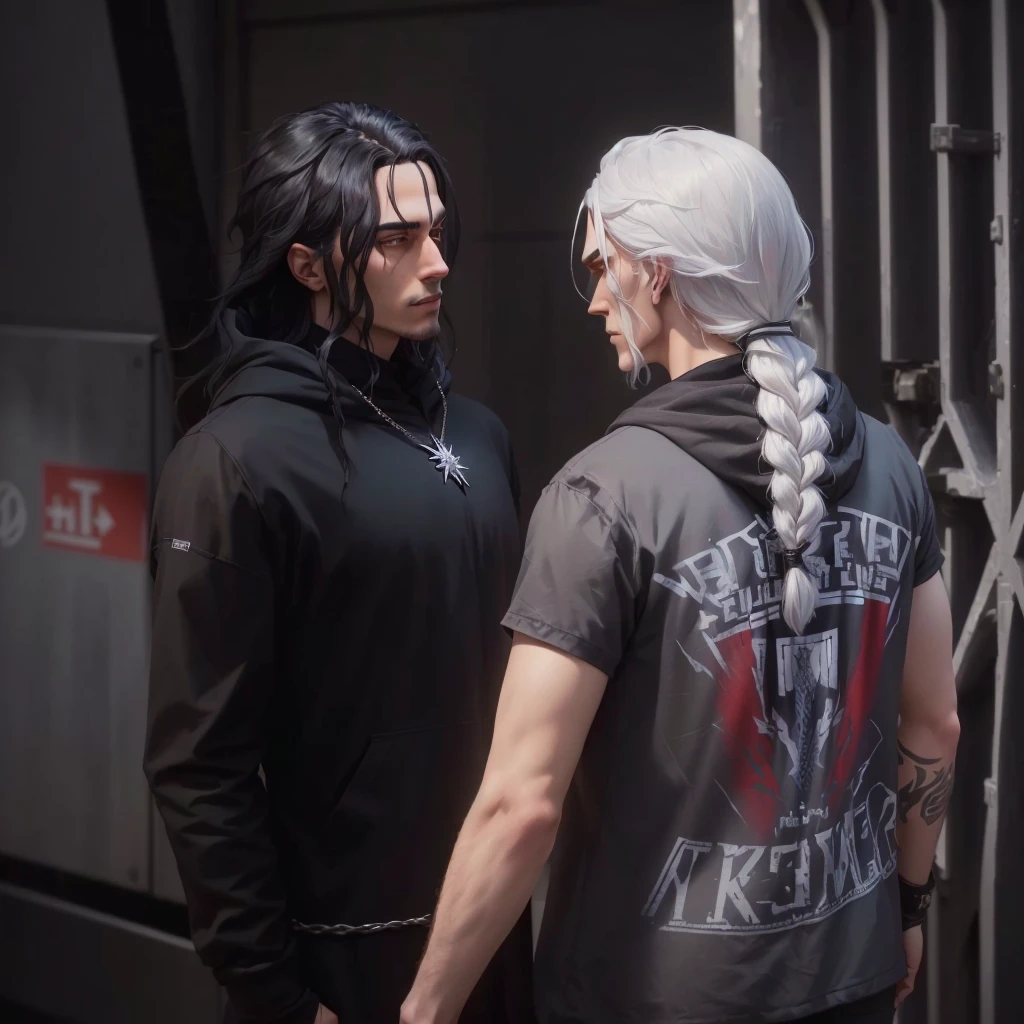 they are two figure man with black hoodie on and girl with white hair standing next to each other with long hair, johnny silverhand, xqc, medium shot of two characters, from witcher (2021), they are close to each other, video game screenshot>, mario as the witcher, he has dark grey hairs, 2020 video game screenshot, petros and leonid