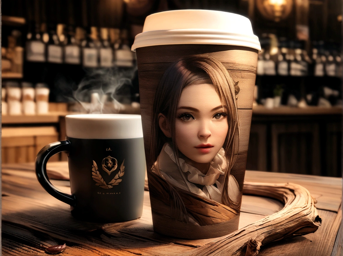 Coffee cup on wood1t、Coffee is in it,Realistic photos ,A magnificent composition ,Advertising scene,3tのライトポイントで照らされる,Hero Shot View,A magnificent composition ,Kinesiology,Cinematic Color Grading