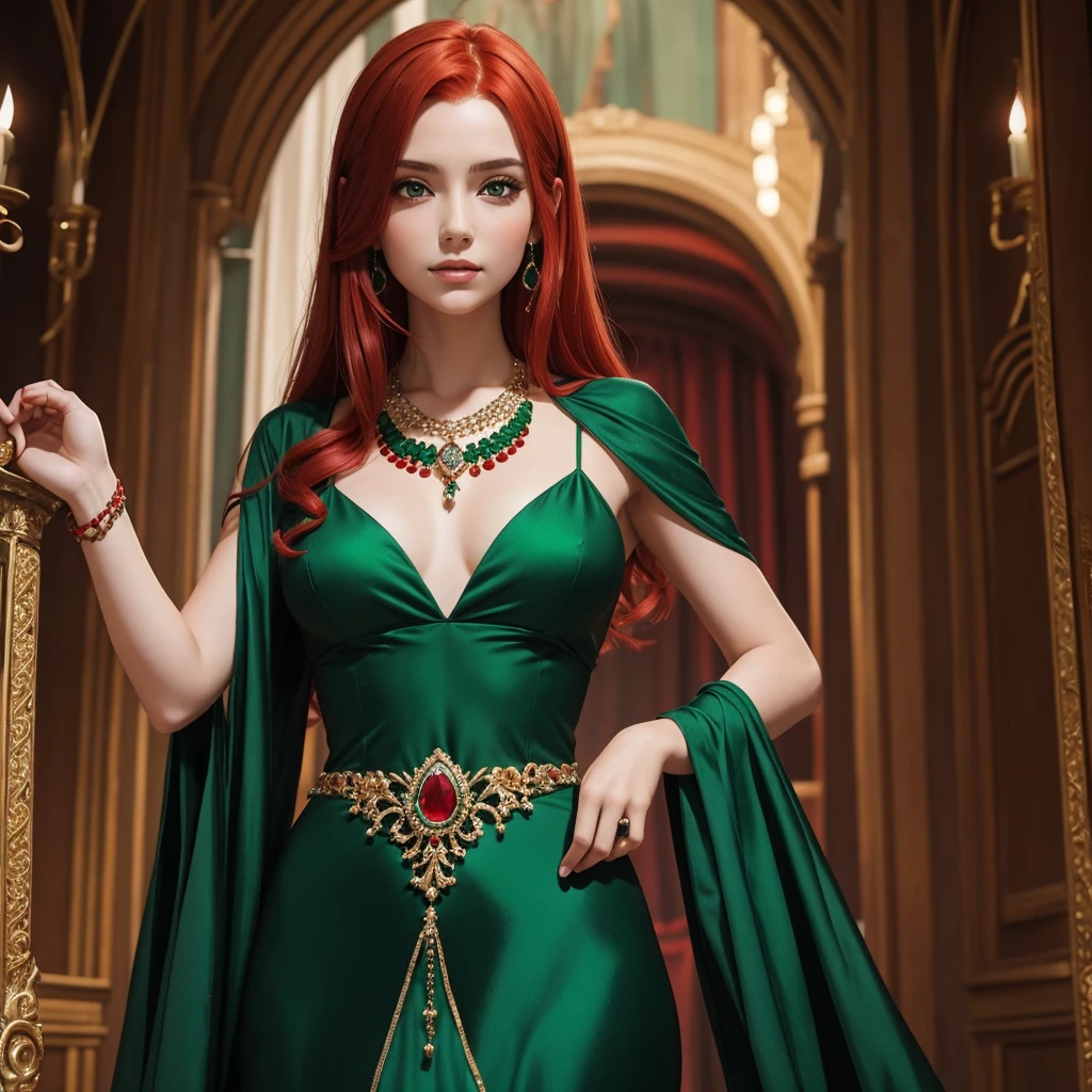 Girl with red hair and emerald green dress with many jewels and red magic
