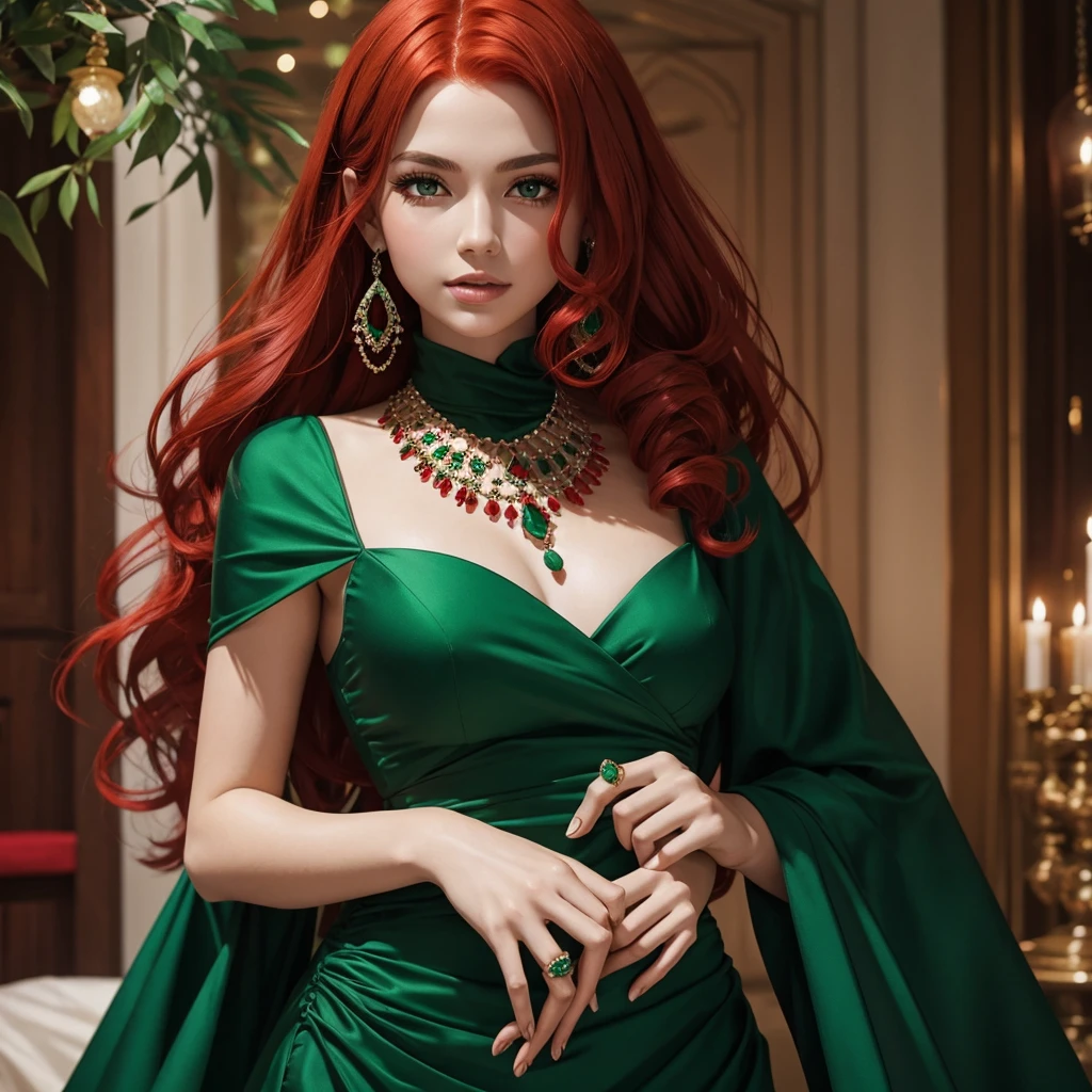 Girl with red hair and emerald green dress with many jewels and red magic 