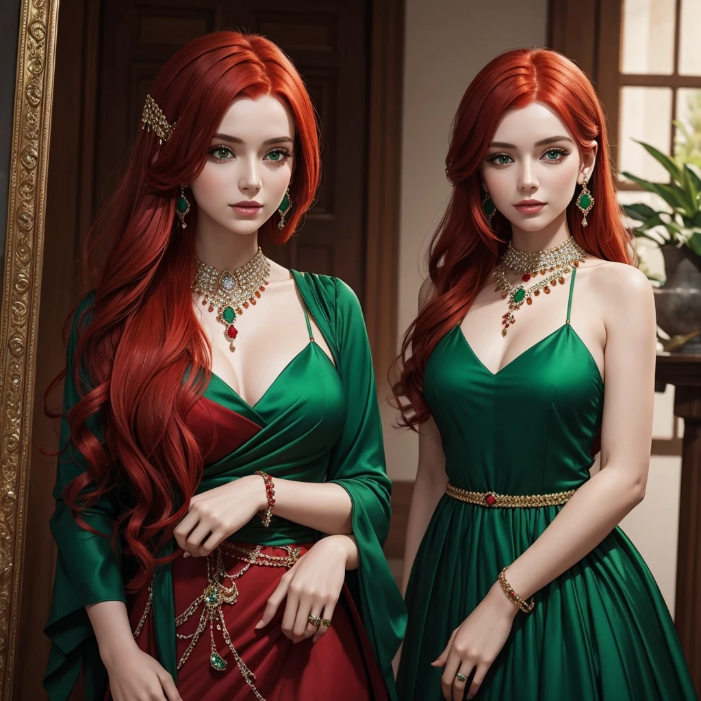 Girl with red hair and emerald green dress with many jewels and red magic