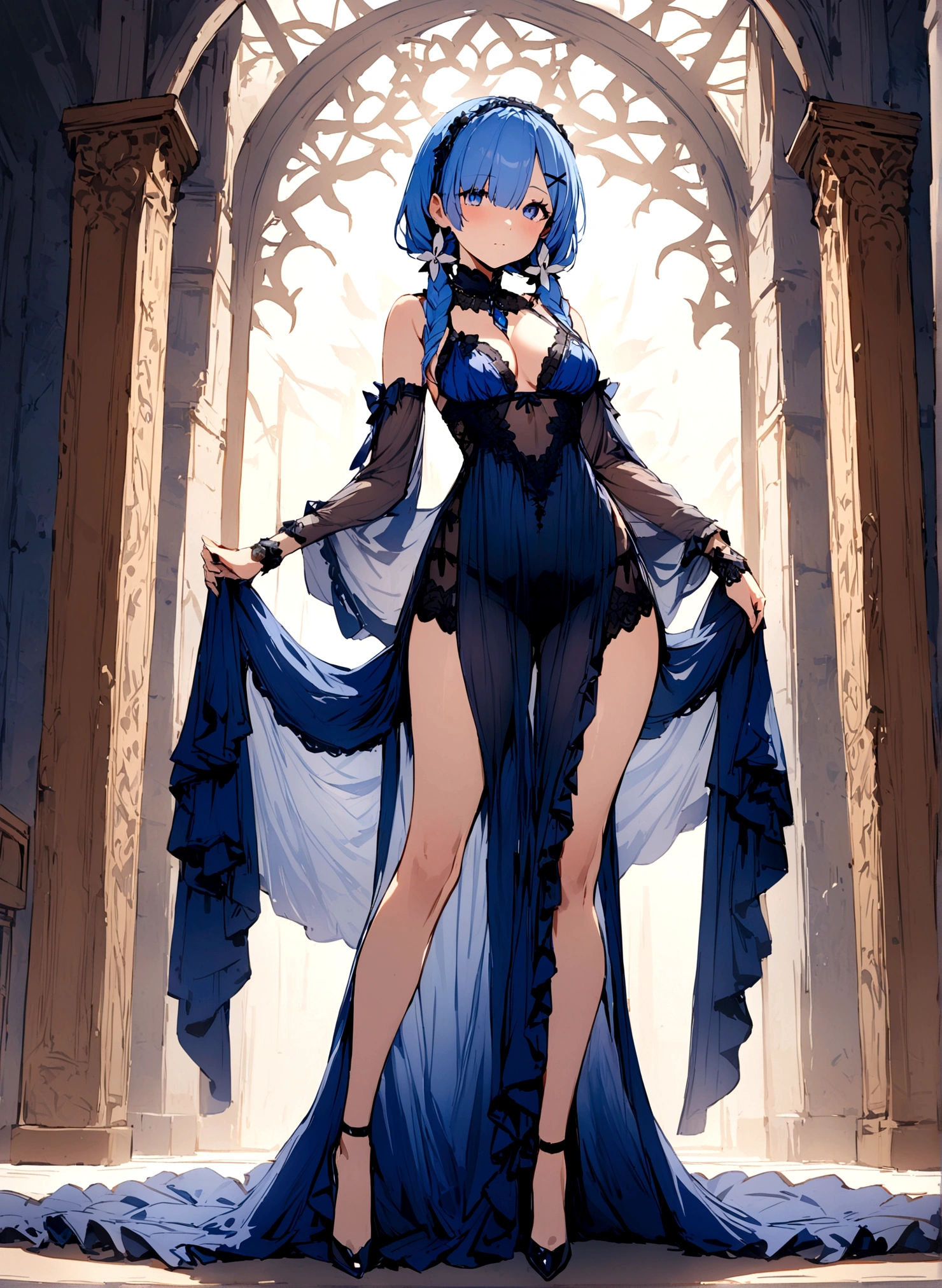 masterpiece, Highest quality, Rem, One Girl, lingerie,Beautiful Eyes,Blue Hair,whole body,Are standing