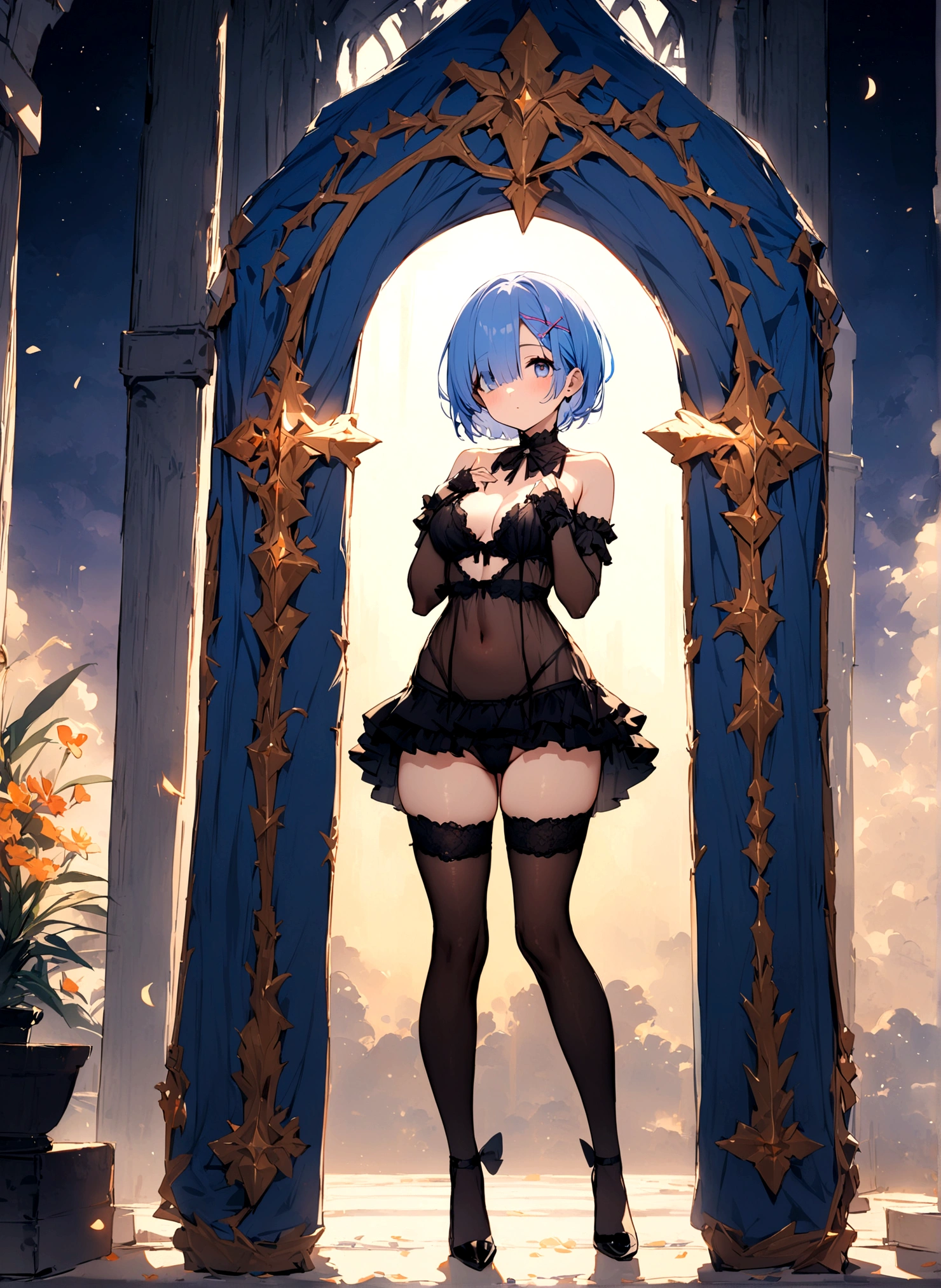 masterpiece, Highest quality, Rem, One girl, lingerie,Beautiful eyes,Blue Hair,whole body,Are standing