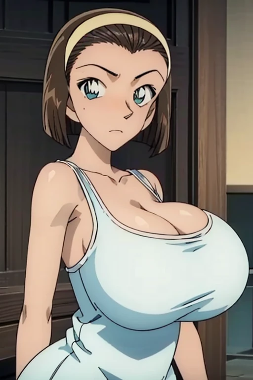 looking at the camera、When I Look at You、lookatviewer、Anime Style、Eroge、1 Girl,  (Huge breasts), (Tight white camisole dress)、Low Angle、Brown haired, hair band、Bob Hair、The forehead is visible、blush,The whole body is visible:1.5