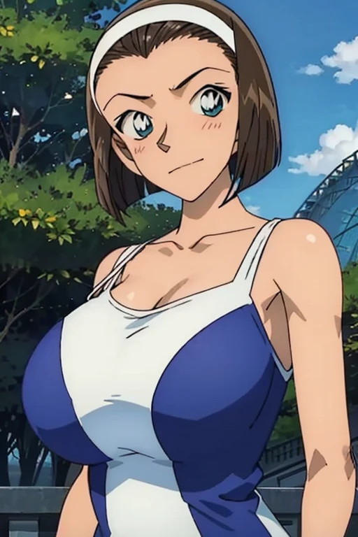 looking at the camera、When I Look at You、lookatviewer、Anime Style、Eroge、1 Girl,  (Huge breasts), (Tight white camisole dress)、Low Angle、Brown haired, hair band、Bob Hair、The forehead is visible、blush,The whole body is visible:1.5