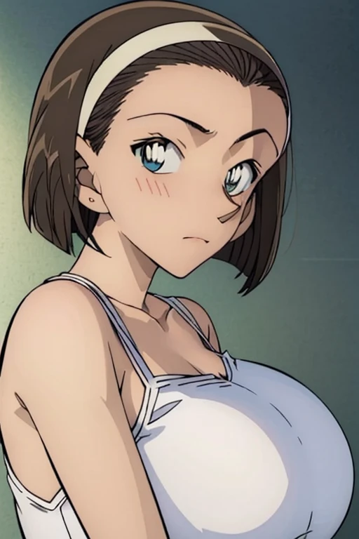 looking at the camera、When I Look at You、lookatviewer、Anime Style、Eroge、1 Girl, (Huge breasts), (Tight white camisole dress)、Low Angle、Brown haired, hair band、Bob Hair、The forehead is visible、blush,The whole body is visible:1.5