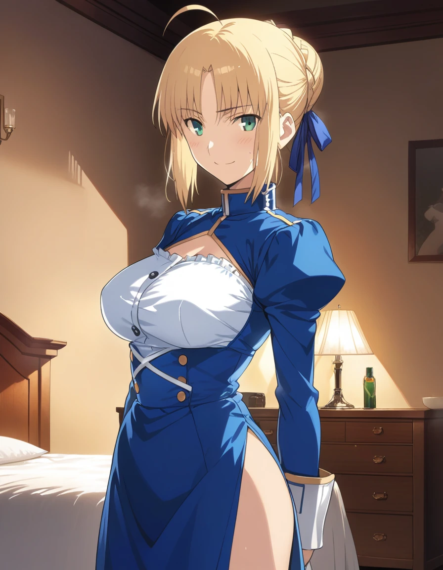 best quality, amazing quality, very aesthetic, 1girl, saber, fate/stay night, 1girl, saber, fate/stay night, , (artist official art:1.5), french braid bun hair, ahoge_hair, green eyes, steaming body, large breasts, jitome, cinematic light, official_blue_long_sleeve_royal_dress, stand_up_straight, arms_behind, on the bedroom, happy, smile, blush, night, looking_at_viewer, oily_skin, cool