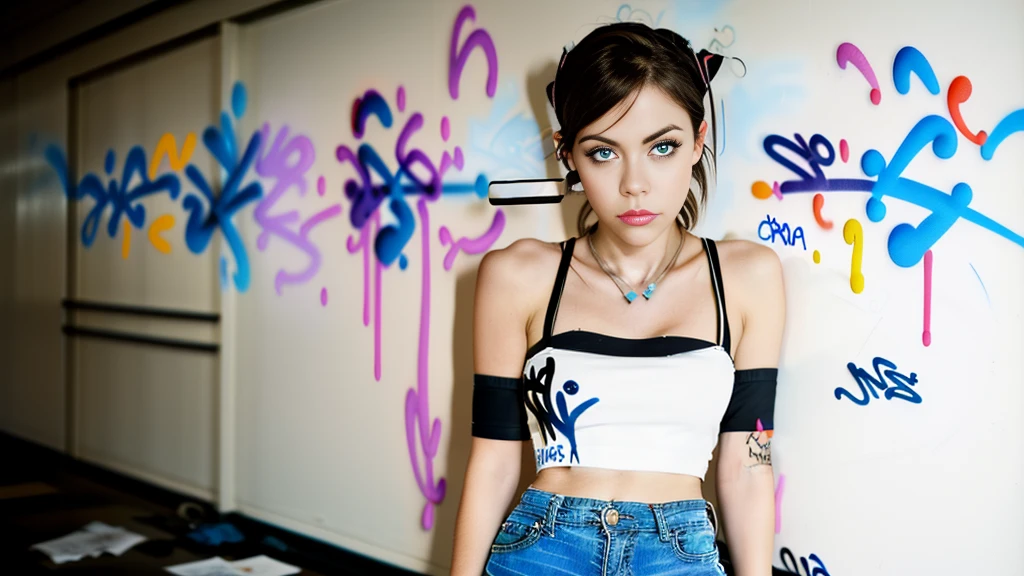 work of art, best qualityer, 1 girl, standing alone, Top cropped com top cropped, Shorts jeans, necklase, (graffit:1.5), ink spatter, Arms to cheeks, against the wall, Looking at the audience, clamps, thigh straps, blackstockings, paint on the body, tilt your head, tedious, cabelo roxo, water eyes, earbuds,