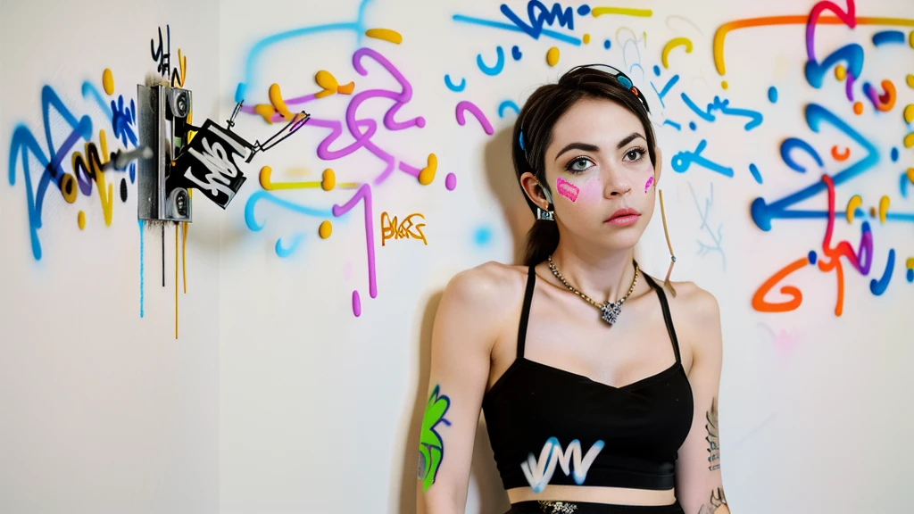 work of art, best qualityer, 1 girl, standing alone, Top cropped com top cropped, Shorts jeans, necklase, (graffit:1.5), ink spatter, Arms to cheeks, against the wall, Looking at the audience, clamps, thigh straps, blackstockings, paint on the body, tilt your head, tedious, cabelo roxo, water eyes, earbuds,