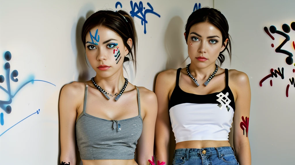 masterpiece, best quality, 1girl, solo, choker, (graffiti:1.5), paint splatter, arms behind back, against wall, looking at viewer, paint on body, head tilt, bored, multicolored hair, aqua eyes, headset, no panties or pants, sports bra, black hair, blue eyes, realistic, ((full body)), converse