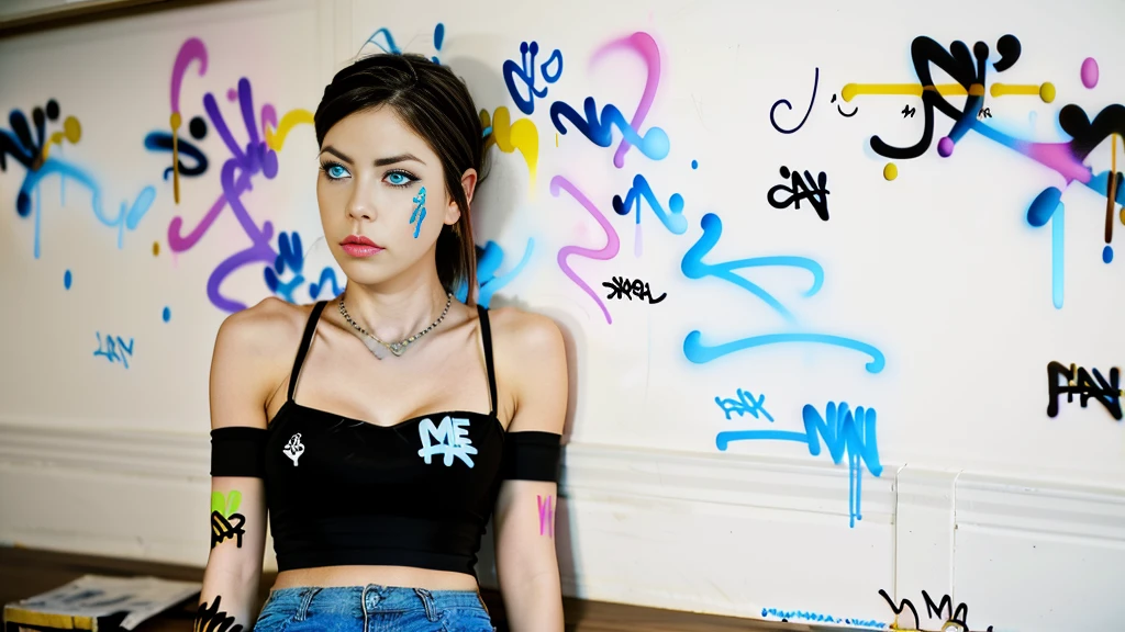 work of art, best qualityer, 1 girl, standing alone, Top cropped com top cropped, Shorts jeans, necklase, (graffit:1.5), ink spatter, Arms to cheeks, against the wall, Looking at the audience, clamps, thigh straps, blackstockings, paint on the body, tilt your head, tedious, cabelo roxo, water eyes, earbuds,