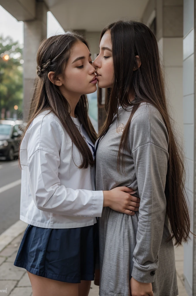 twogirls, Girls kissing, 100 cm, best possible quality, detailded, Kiss, at school, whole body, outfit, realisitic, real, long hair, detailed outfit, skin detailed, pele realisitic, cabelo detailded e realisitic, , good lighting, real light, rosto de bebê, pequena,