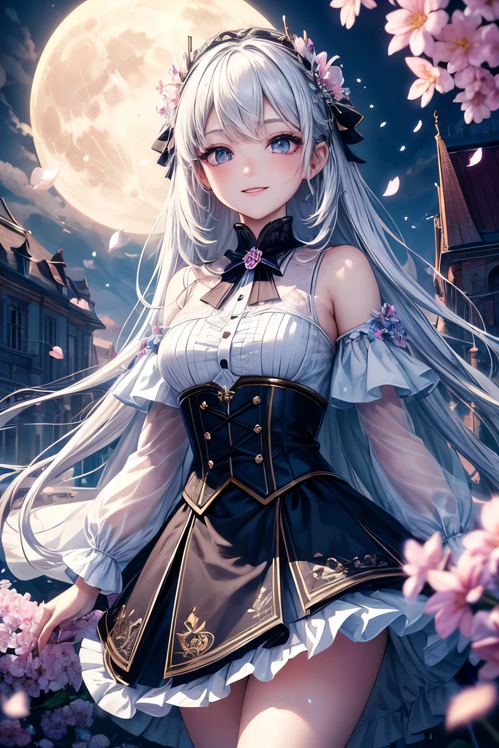masterpiece, best quality,, 1 girl, (rich and colorful),(Beautiful eyes and delicate face),cinematic Lighting,Half-length photo,Extremely detailed CG unified 8k wallpaper,white hair,alone,Smile,intricate skirt,((Flying petals)),(Flowering meadow), Sky, cloudy_Sky, building, moonLight, moon, night, (dark theme:1.3), Light, fantasy,