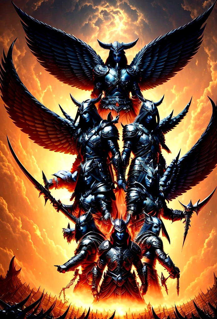 (Highest qualityのディテール:1.2, Realisticな, 8K Ultra HD, High resolution、 Highest quality, Super detailed, 超High resolution) 、Realistic, 4K, Big winged demon, Devil、1 unit、Surrounded by an aura、Black clothes, Thin sword, Hood on head with war background image (chaos)、god々the battle of、Epic Scale