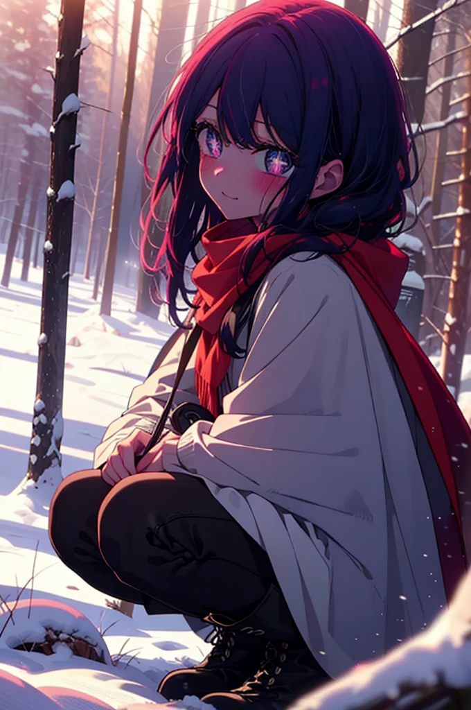 aihoshino, Ai Hoshino, Long Hair, bangs, (Purple eyes:1.1), Purple Hair, (Symbol-shaped pupil:1.5), smile,,smile,blush,White Breath,
Open your mouth,snow,Ground bonfire, Outdoor, boots, snowing, From the side, wood, suitcase, Cape, Blurred, , forest, White handbag, nature, Squat, Mouth closed, Cape, winter, Written boundary depth, Black shoes, red Cape break looking at viewer, Upper Body, whole body, break Outdoor, forest, nature, break (masterpiece:1.2), Highest quality, High resolution, unity 8k wallpaper, (shape:0.8), (Beautiful and beautiful eyes:1.6), Highly detailed face, Perfect lighting, Extremely detailed CG, (Perfect hands, Perfect Anatomy),