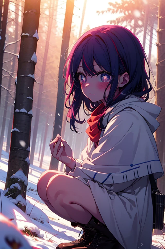 aihoshino, Ai Hoshino, Long Hair, bangs, (Purple eyes:1.1), Purple Hair, (Symbol-shaped pupil:1.5), smile,,smile,blush,White Breath,
Open your mouth,snow,Ground bonfire, Outdoor, boots, snowing, From the side, wood, suitcase, Cape, Blurred, , forest, White handbag, nature, Squat, Mouth closed, Cape, winter, Written boundary depth, Black shoes, red Cape break looking at viewer, Upper Body, whole body, break Outdoor, forest, nature, break (masterpiece:1.2), Highest quality, High resolution, unity 8k wallpaper, (shape:0.8), (Beautiful and beautiful eyes:1.6), Highly detailed face, Perfect lighting, Extremely detailed CG, (Perfect hands, Perfect Anatomy),